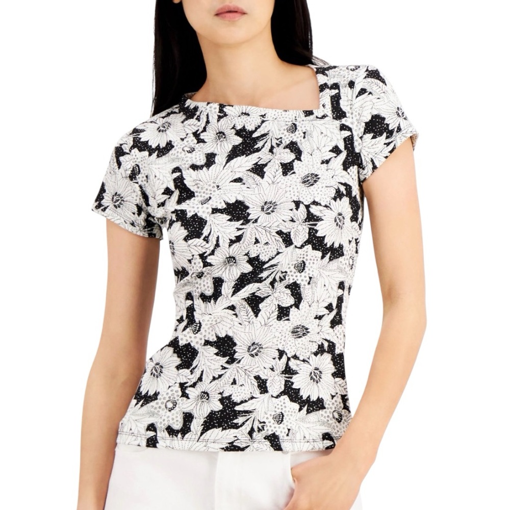 INC Exotic Escape Black & White Floral Asymmetrical Short Sleeve Top - Womens XL